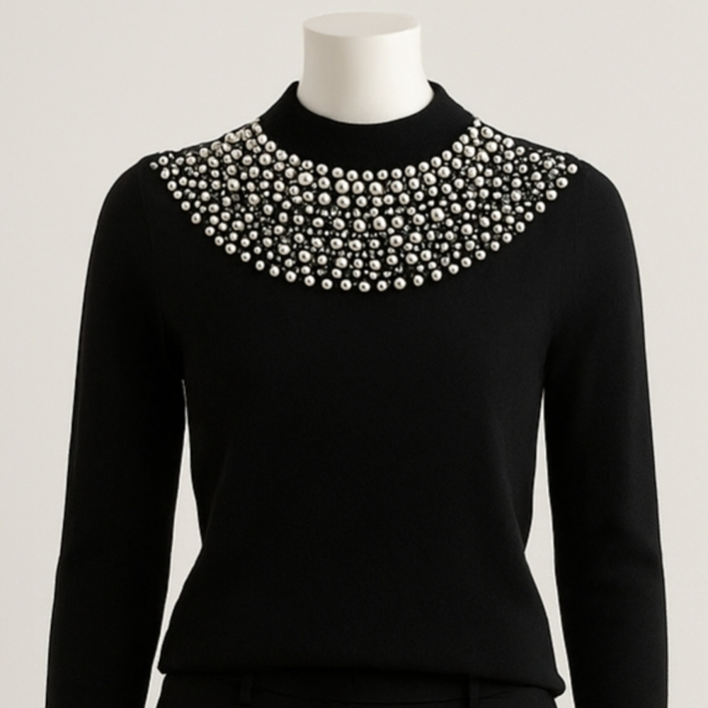 Black Sweater Dress with Pearl Embellishments